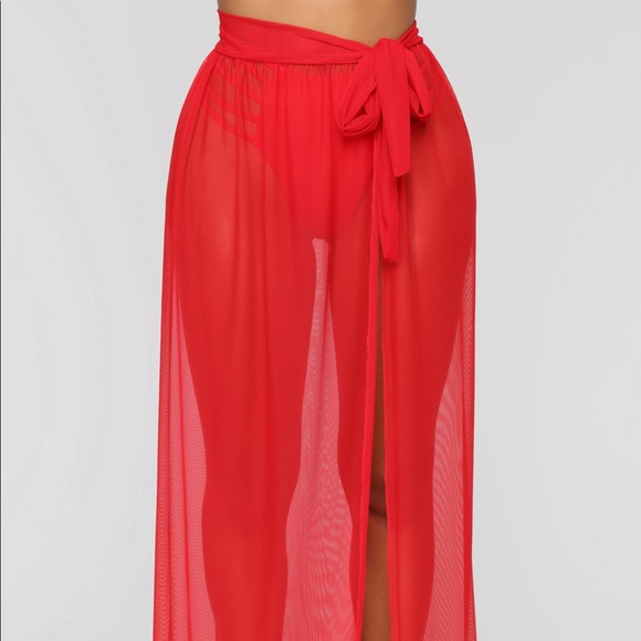 Red Mesh Sheer Wrap Skirt Swim Cover Up - Picture 5 of 6